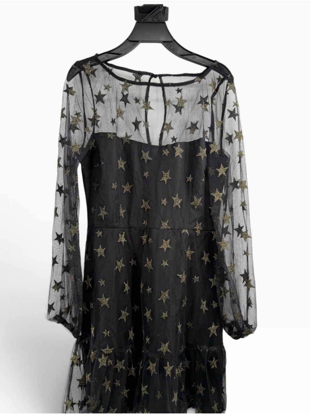 BB Dakota Gold Star-Embroidered Mesh Long-Sleeve Top